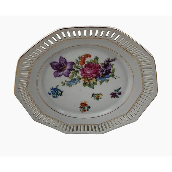 Schumann Small Plate Bavaria Floral Pattern Reticulated Gold Trim Vintage - Picture 8 of 10